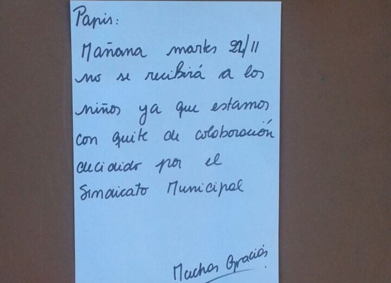 Nota dejada en la guardería municipal "Evita".