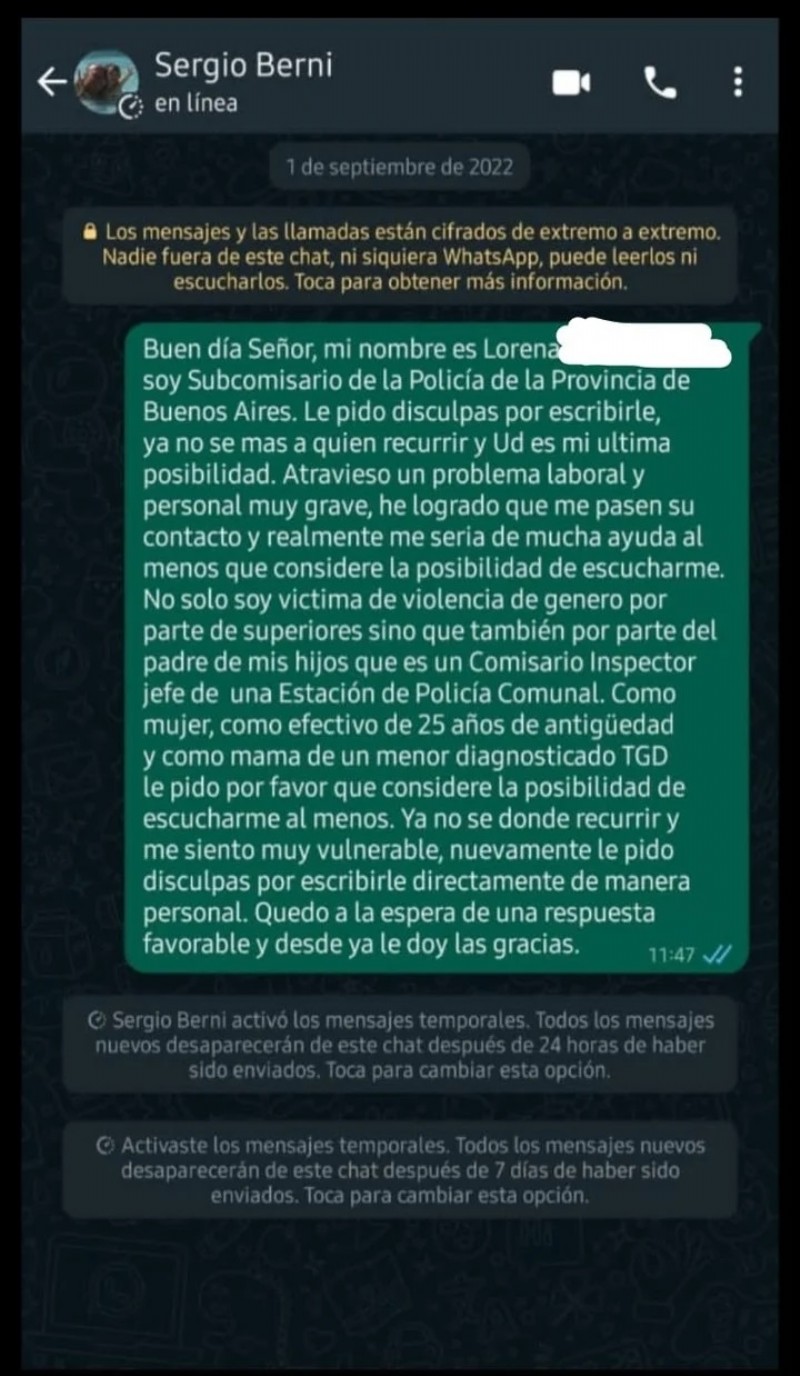 El chat que le envió una uniformada al ministro Sergio Berni.