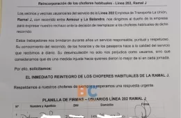 Vecinos juntan firmas para que reincorporen a un chofer de la línea 202 en su recorrido habitual